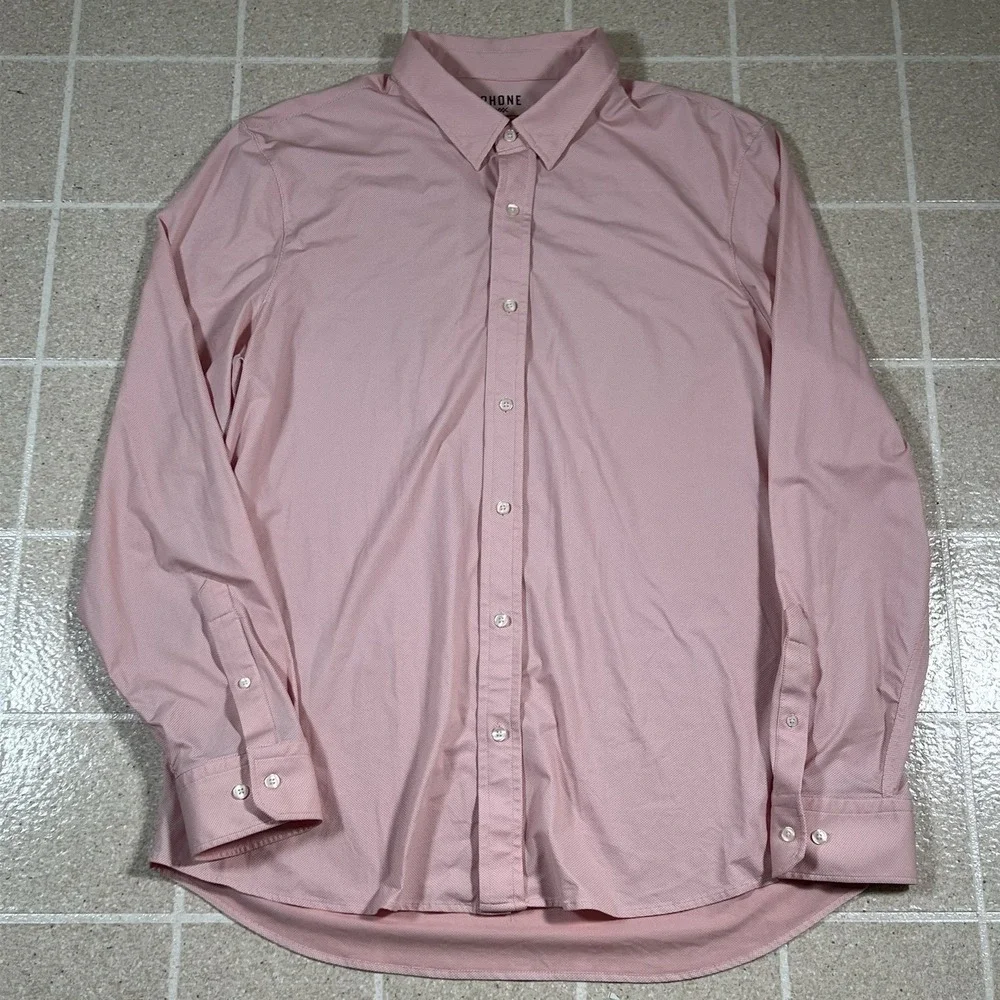 Rhone Commuter Dress Shirt Sz XL Pink Micro Check Performance Stretch Button Up